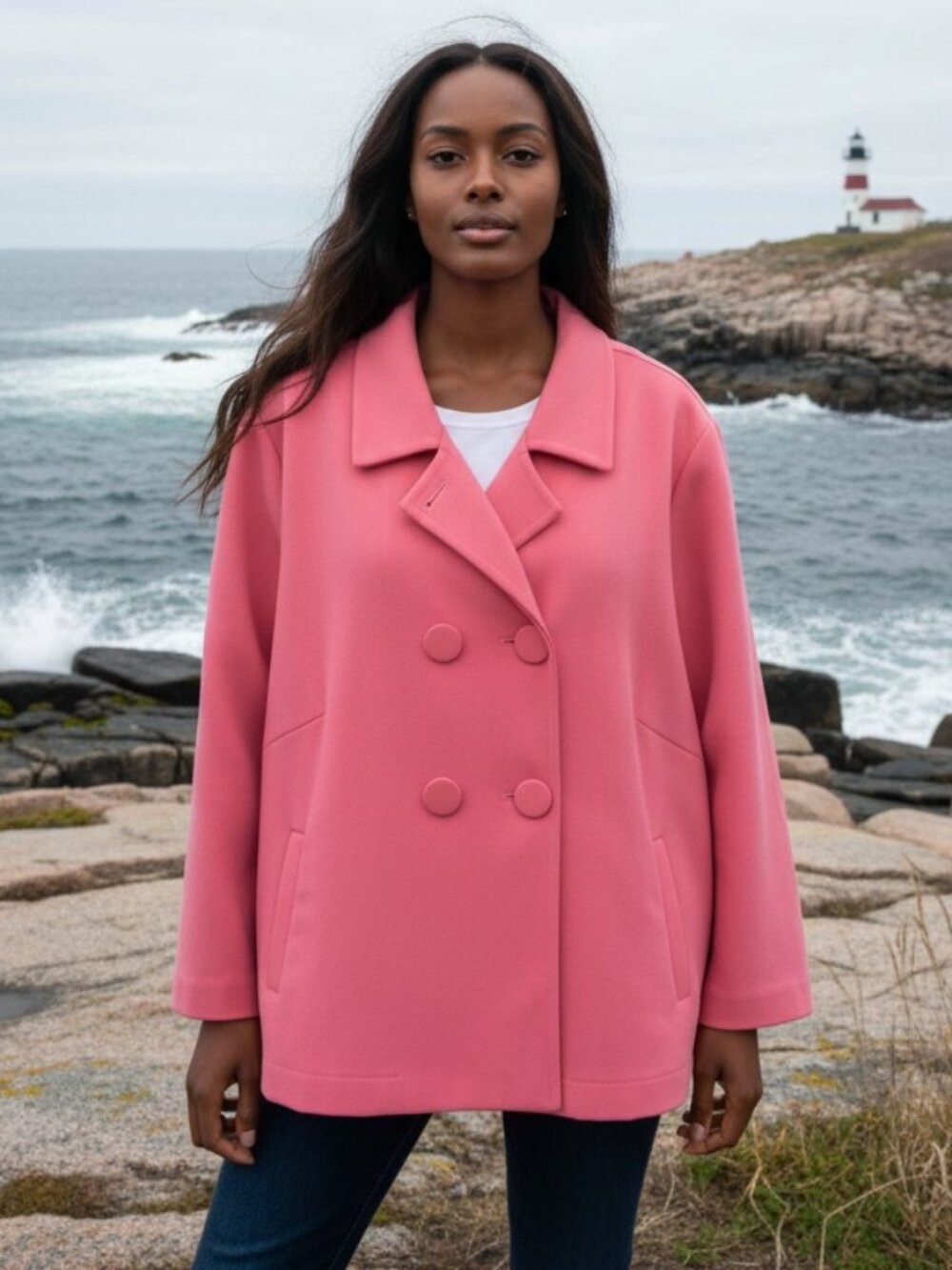SANDRO Pink Peacoat 3X Double Breasted Statement Coat Giraffe Print Lined Plus